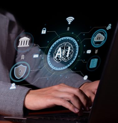Vertical photo of A man interacts with artificial intelligence to optimize and automate computing, security, backup, cloud and data transfer processes.
